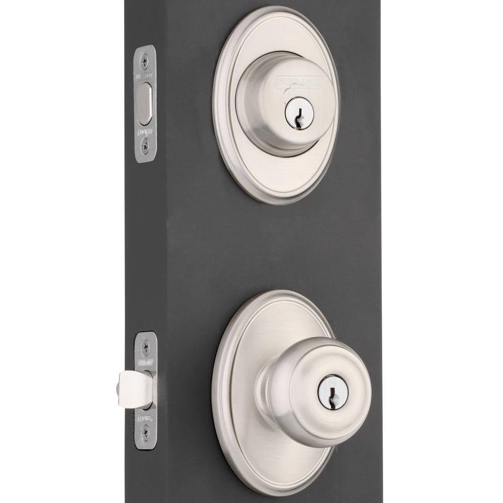 Schlage Georgian Satin Nickel Single Cylinder Deadbolt and Keyed Entry Door Knob with Wakefield Trim Combo Pack FB55N V GEO 619 WKF