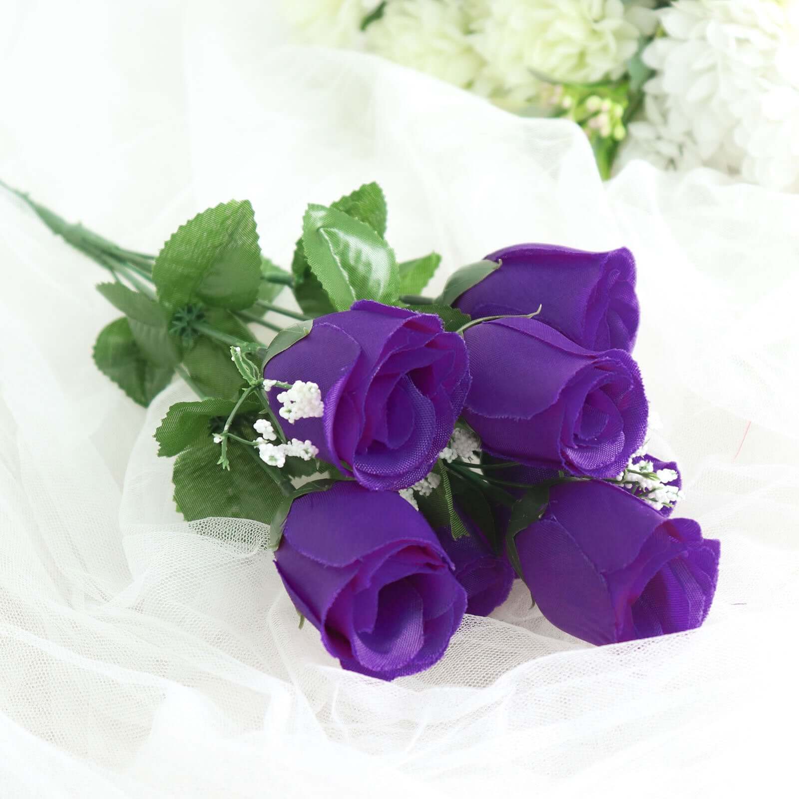 12 Bushes Purple Artificial Premium Silk Flower Rose Bud Bouquets