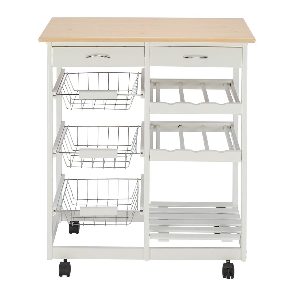 Kitchen Island Cart Trolley， Sturdy Microwave Oven Stand Storage Cart on Wheel with 2 Drawers， 3 Metal Baskets， 3 Shelf Panels， Heavy Duty Utility Carts， Rolling Cart Holds up to 220 lbs， Q3534