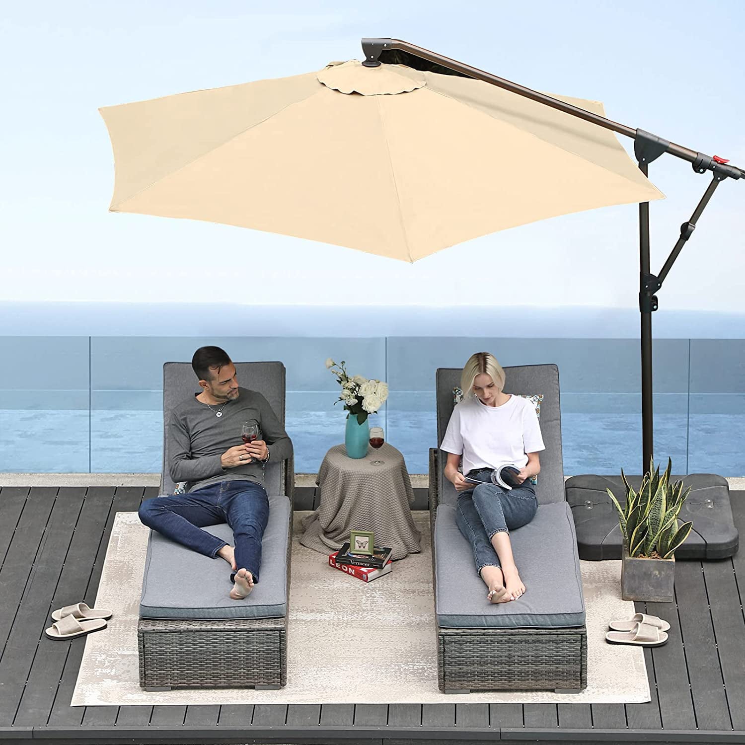 Outdoor Patio Umbrella, 10ft Offset Hanging Patio Umbrella with Aluminum Stand, Outdoor Cantilever Umbrella with 360° Rotation, Crank and Tilt System, Beige