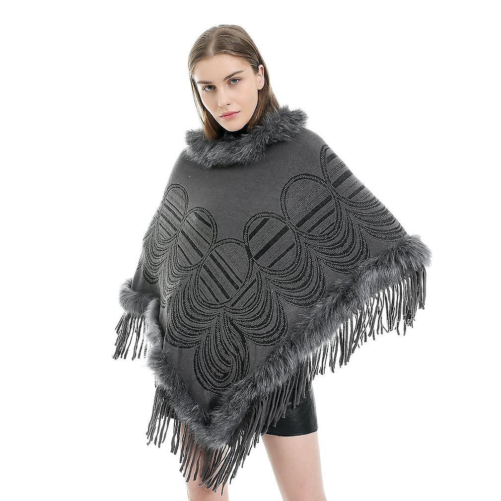 Winter Cape With Faux Fur Collar Pullover Poncho Thciken Cardigant With Tassel For Lady