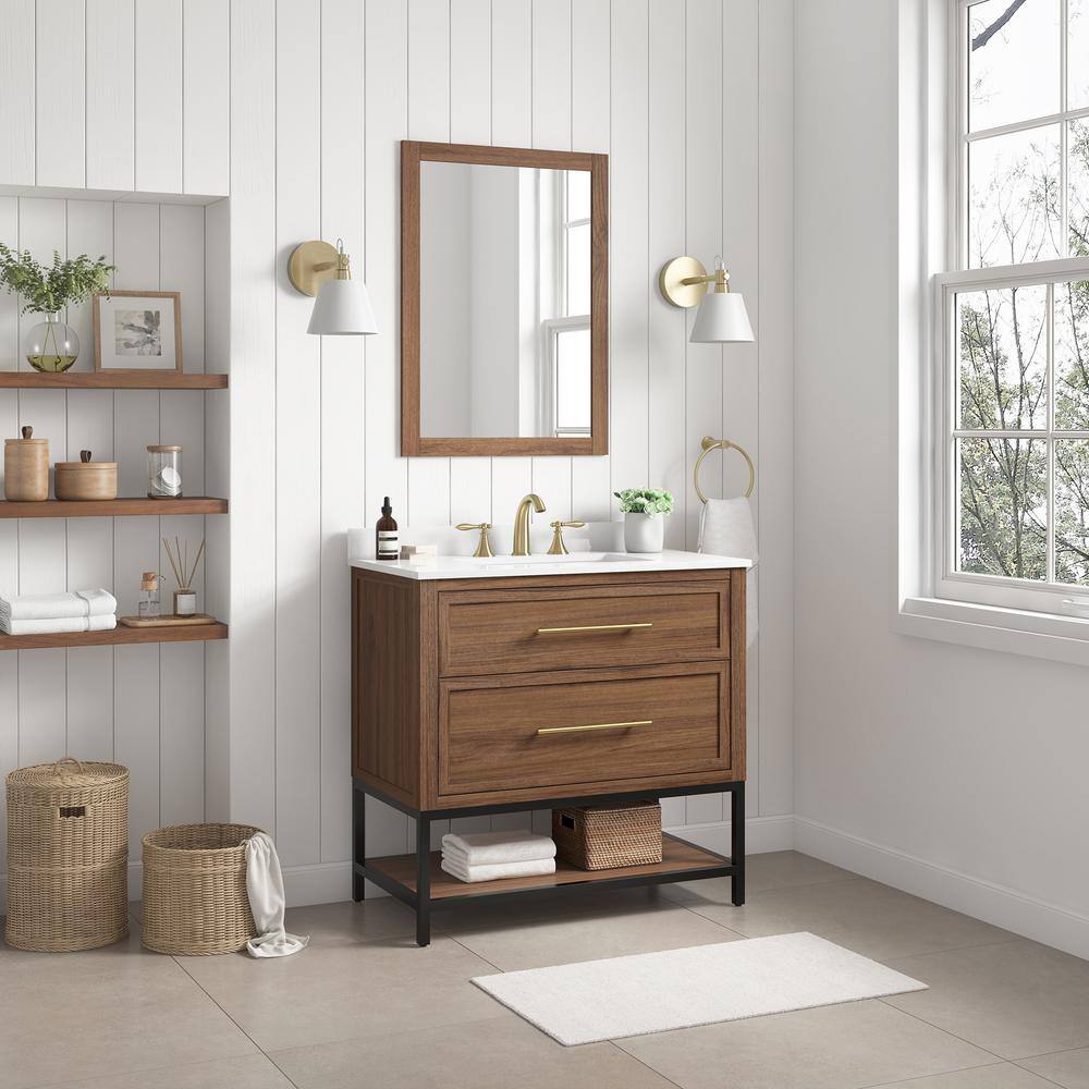 Home Decorators Collection Corley 36 in. W x 19 in. D x 34.50 in. H Single Sink Bath Vanity in Spiced Walnut  White Engineered Stone Composite Top Corley 36SW