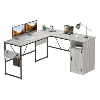 Bestier 60 in. L shaped Wash White Wood Desk with Cabinet and Hooks D385R-WHTW