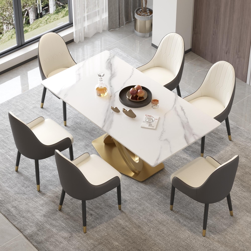 Modern Marble Dining Table with Gold Geometric Base