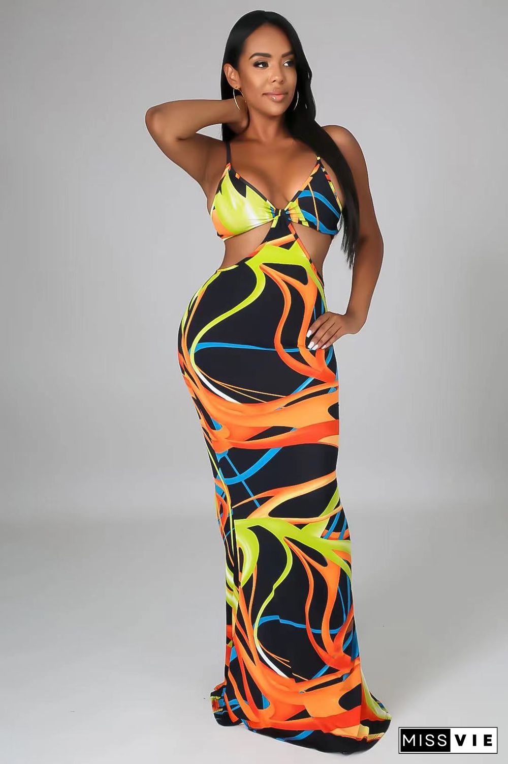 Sexy Tie Dye Sleeveless Spaghetti Straps V-Neck Hollow Out Stretchy Streetwear Bodycon Maxi Dresses