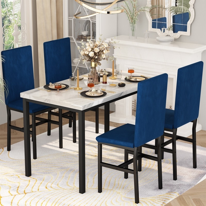 Grondin Modern Style Faux Marble Top 5 Piece Casual Dining Set with 4 Velvet Upholstered Dining Chairs