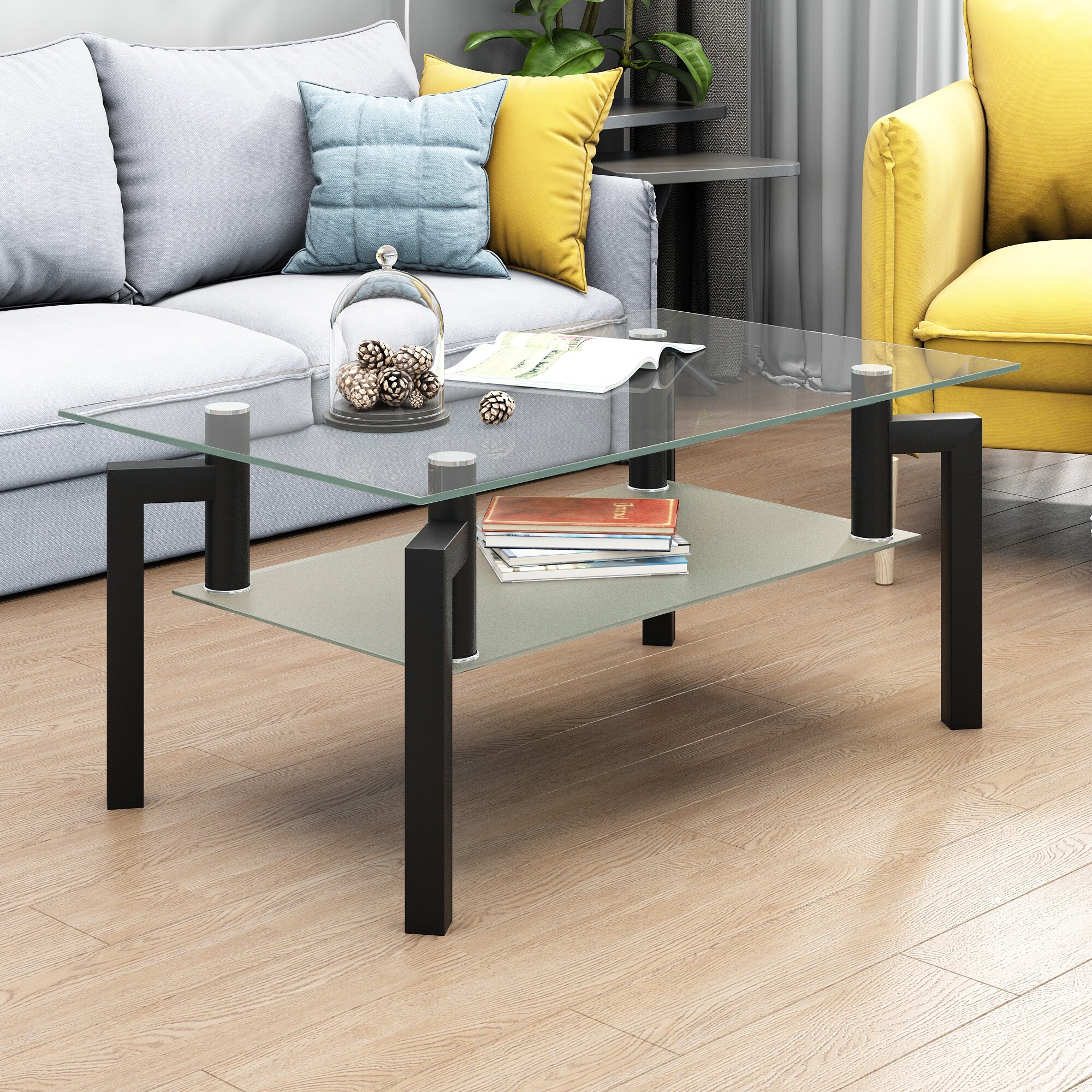 Modern Glass Coffee Table， Clear Coffee Table Side Center Tables