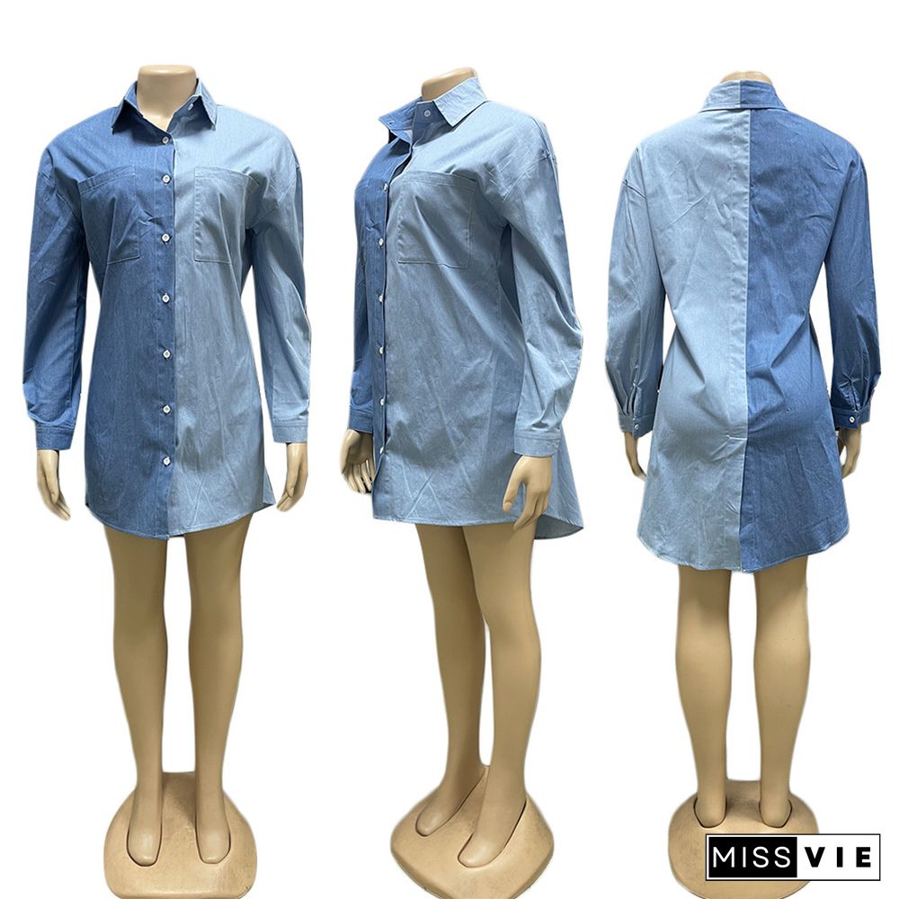 Patchwork Single-breasted Long Sleeve Denim Shirt Dress