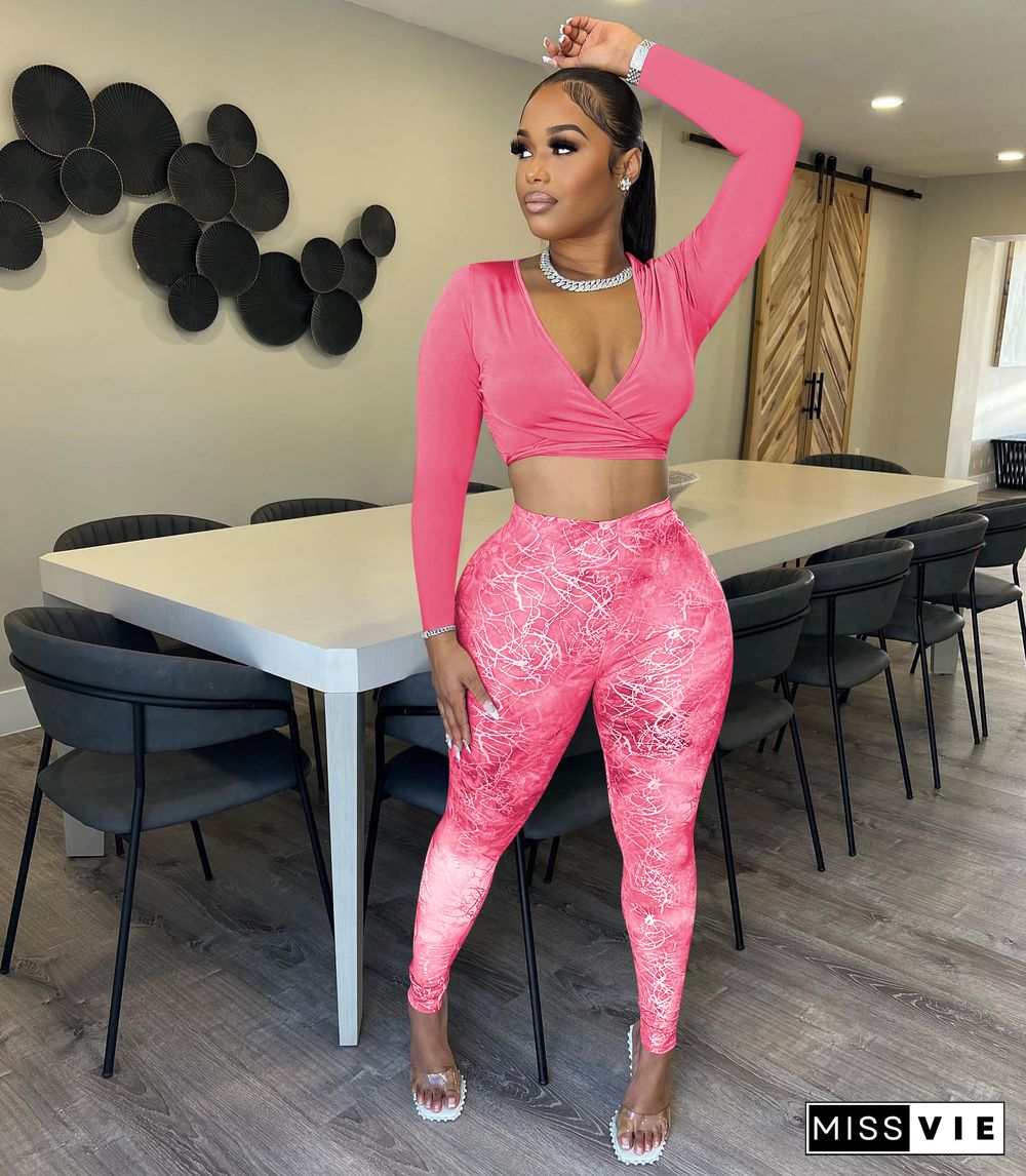 Lace Up Long Sleeve Crop Top 2 Piece Pants Sets