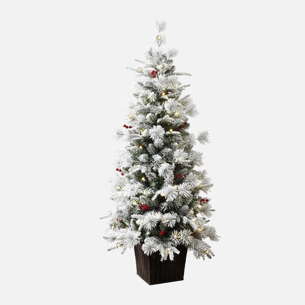 4.5Ft PreLit Snow Flocked Full Pine Potted Artificial Christmas Tree