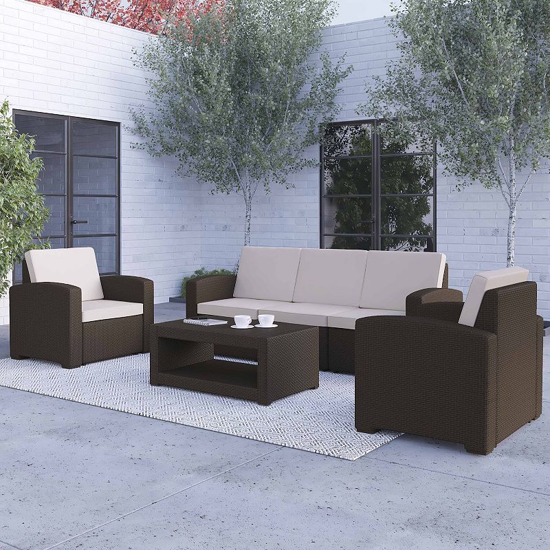 Merrick Lane Errol 4 Piece Faux Rattan Patio Furniture Set with 2 Chairs and Sofa with Removable Beige Cushions and Table