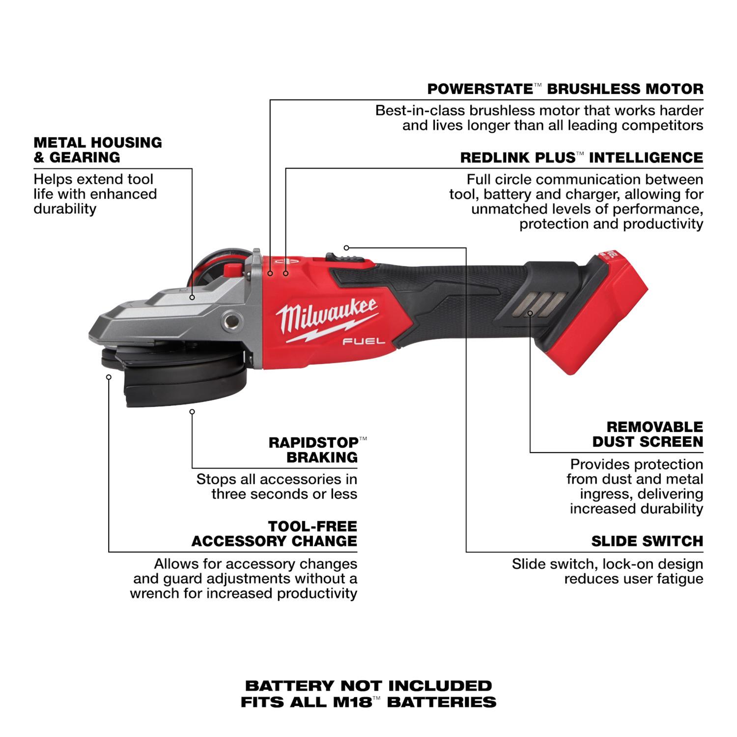 Milwaukee Tool 2887-20 Milwaukee M18 FUEL 5 in. Flathead Braking Angle Grinders with Slide Switch Lock-On