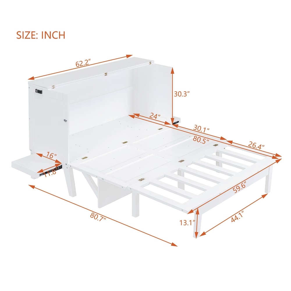 Dual Purpose Queen Murphy Bed Cabinet Bed with USB Port and 2 Removable Shelves  Space Optimizing Solid Wood Murphy Bed  White