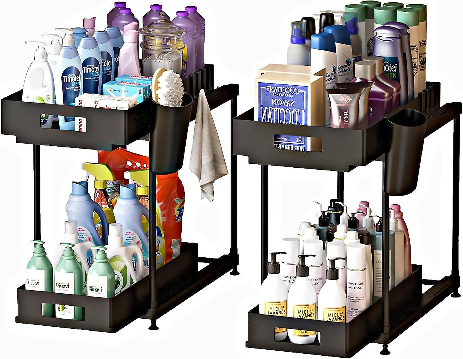 Double Sliding 2pcunder Sink Organizers， 2 Tier Bathroom Organizer With 2 Cup 8 Hooks， Multi-purpose Under Cabinet Storage Rack，under Sink Organizers