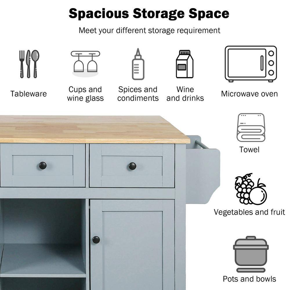 Cesicia Blue Rubberwood Drop-Leaf Countertop 53.1 in. Kitchen Island Cart with Cabinet Door Internal Storage Racks and 3-Drawer KIBE585