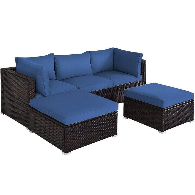 5 Pieces Patio Rattan Sectional Conversation Ottoman Furniture Set