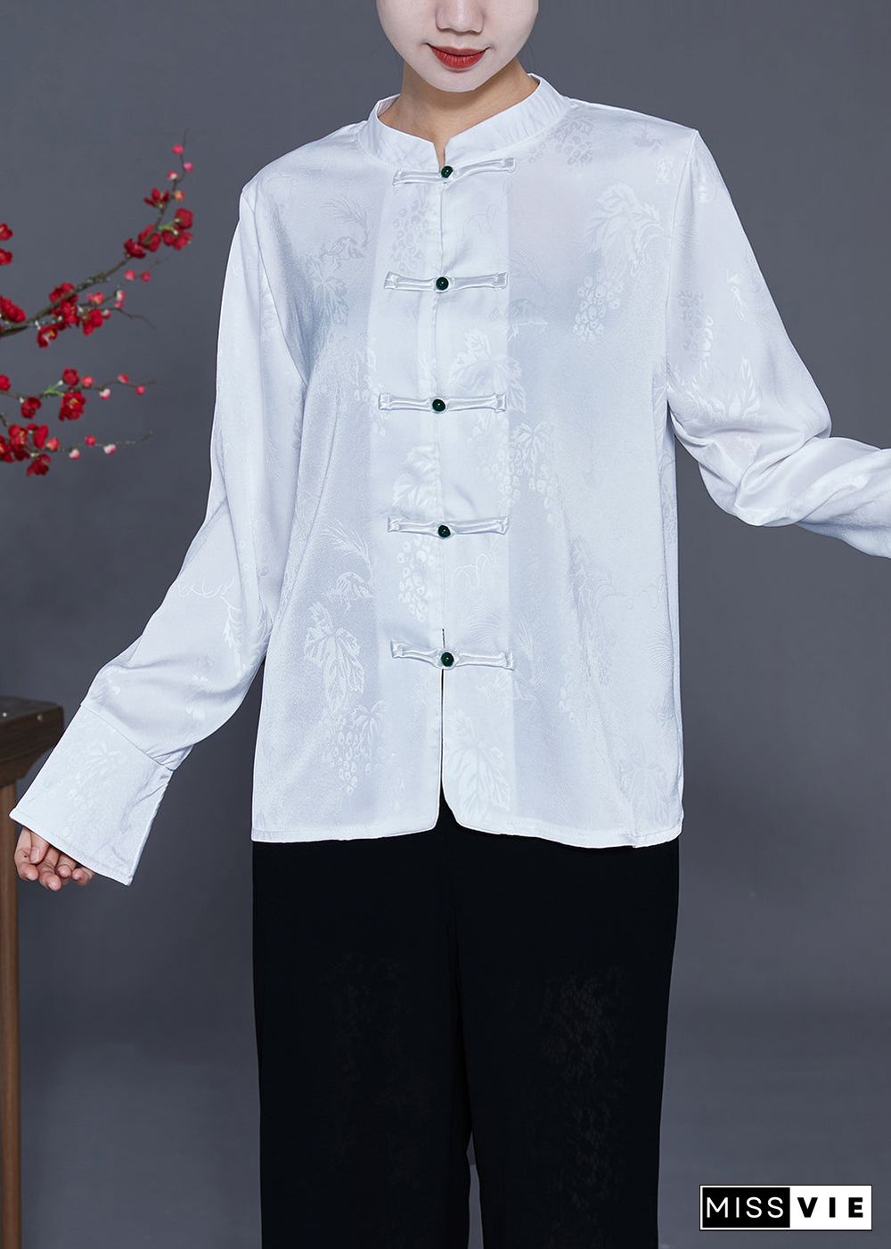 Chinese Style White Stand Collar Chinese Button Silk Blouse Top Spring