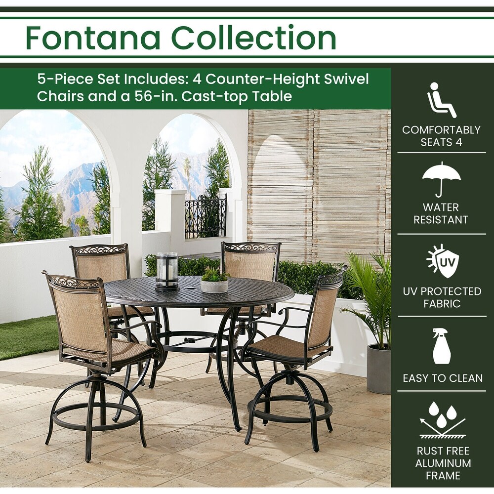 Hanover Fontana 5 Piece High Dining Set in Tan with 4 Counter Height Swivel Chairs and a 56 in. Cast top Table