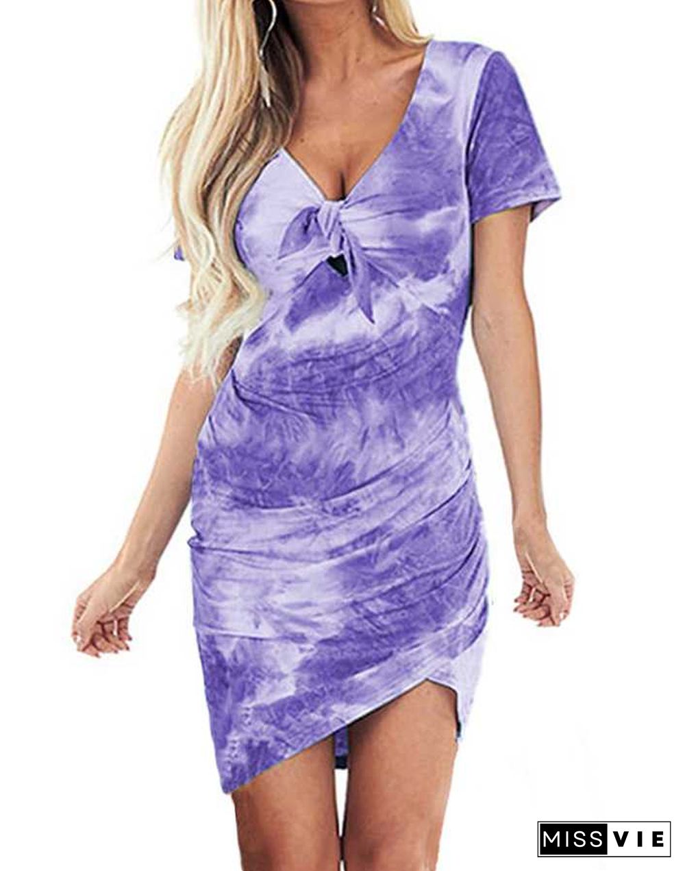 Popular Front Tie Knot Tie Dye Dress Short Sleeve