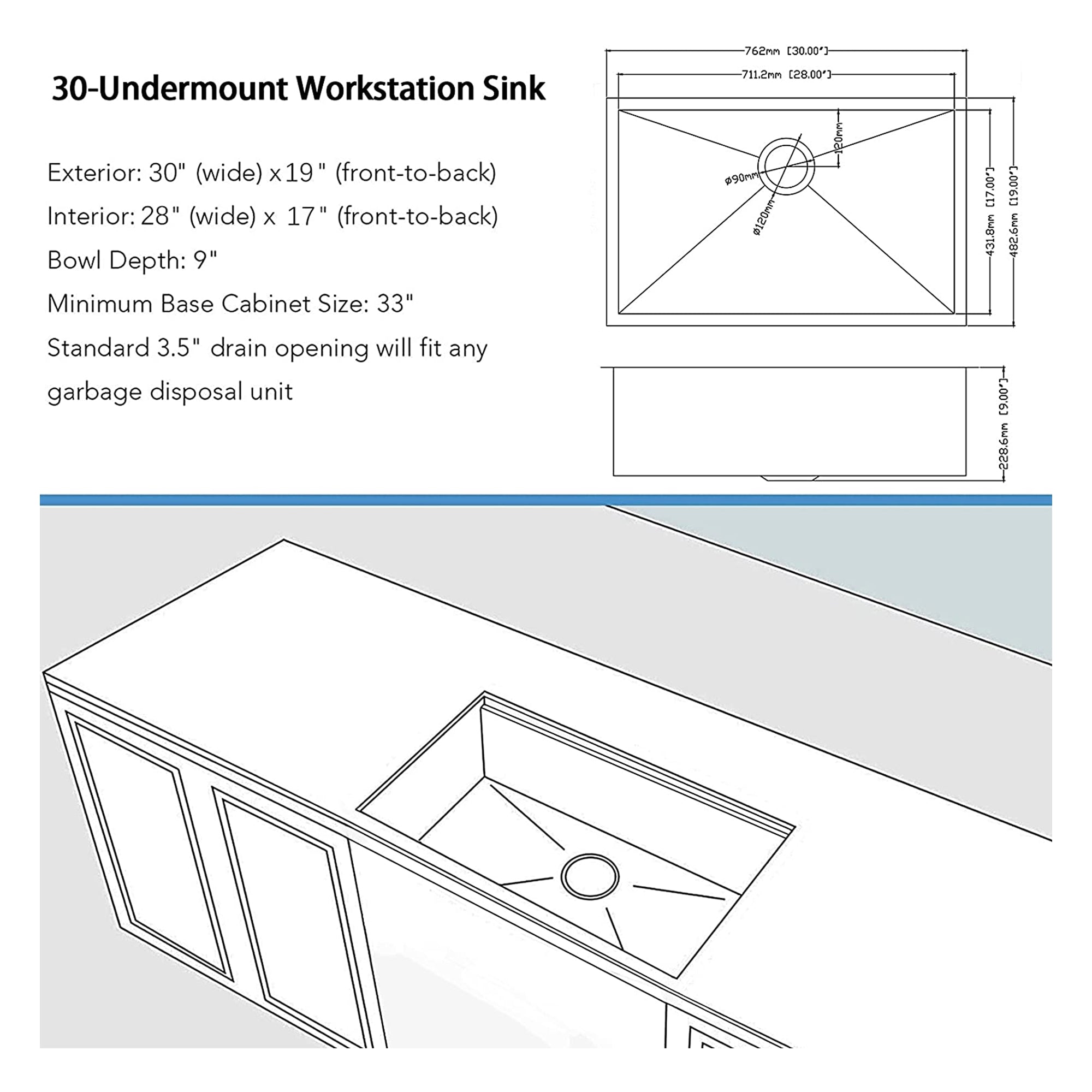 30x19 In Stainless Steel Workstation Ledge Single Bowl Sink Undermount(Open Box)