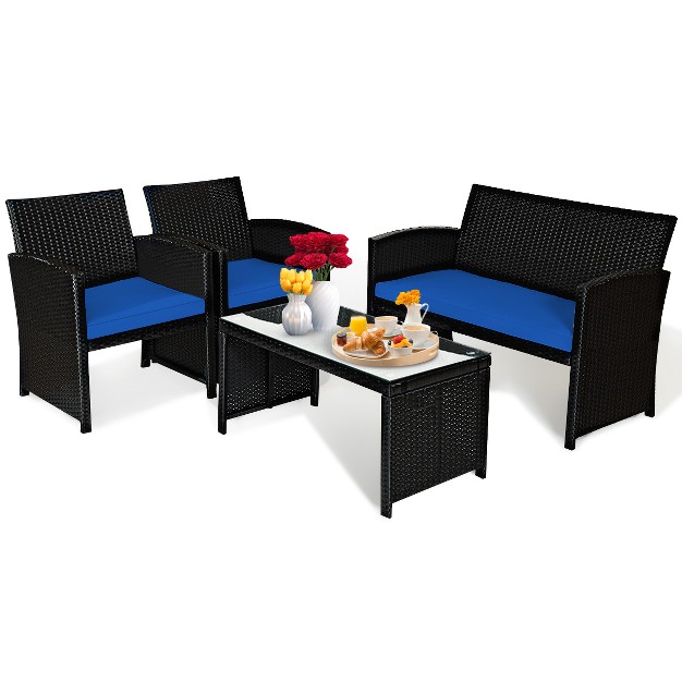 Tangkula 4 Piece Outdoor Patio Rattan Furniture Set Navy Cushioned Seat For Garden Porch Lawn