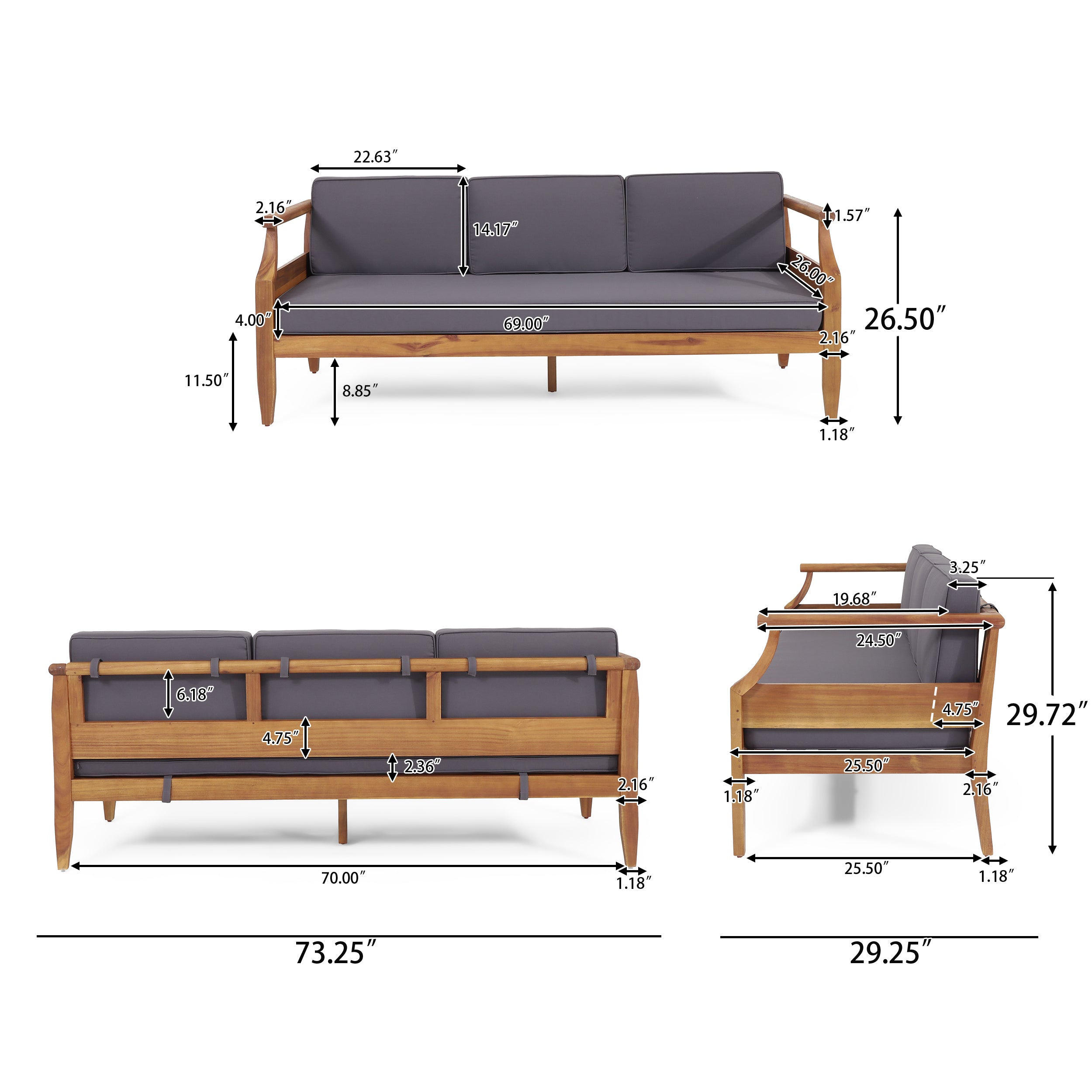 Bianca Mid-Century Modern Acacia Wood 3 Seater Sofa Chat Set with Ottoman, Teak and Dark Gray