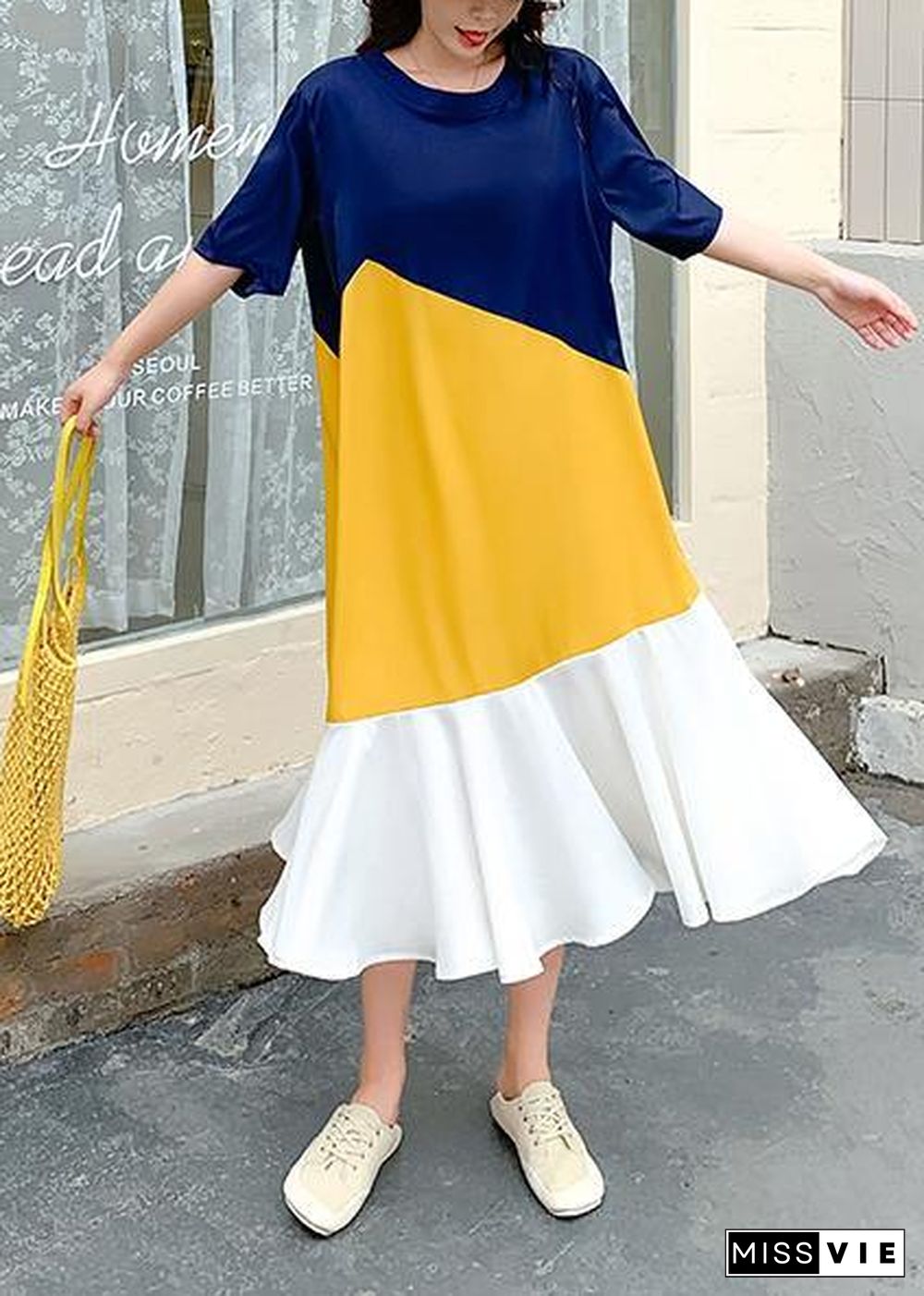 DIY yellow patchwork cotton clothes Women o neck Ruffles Plus Size Dresses