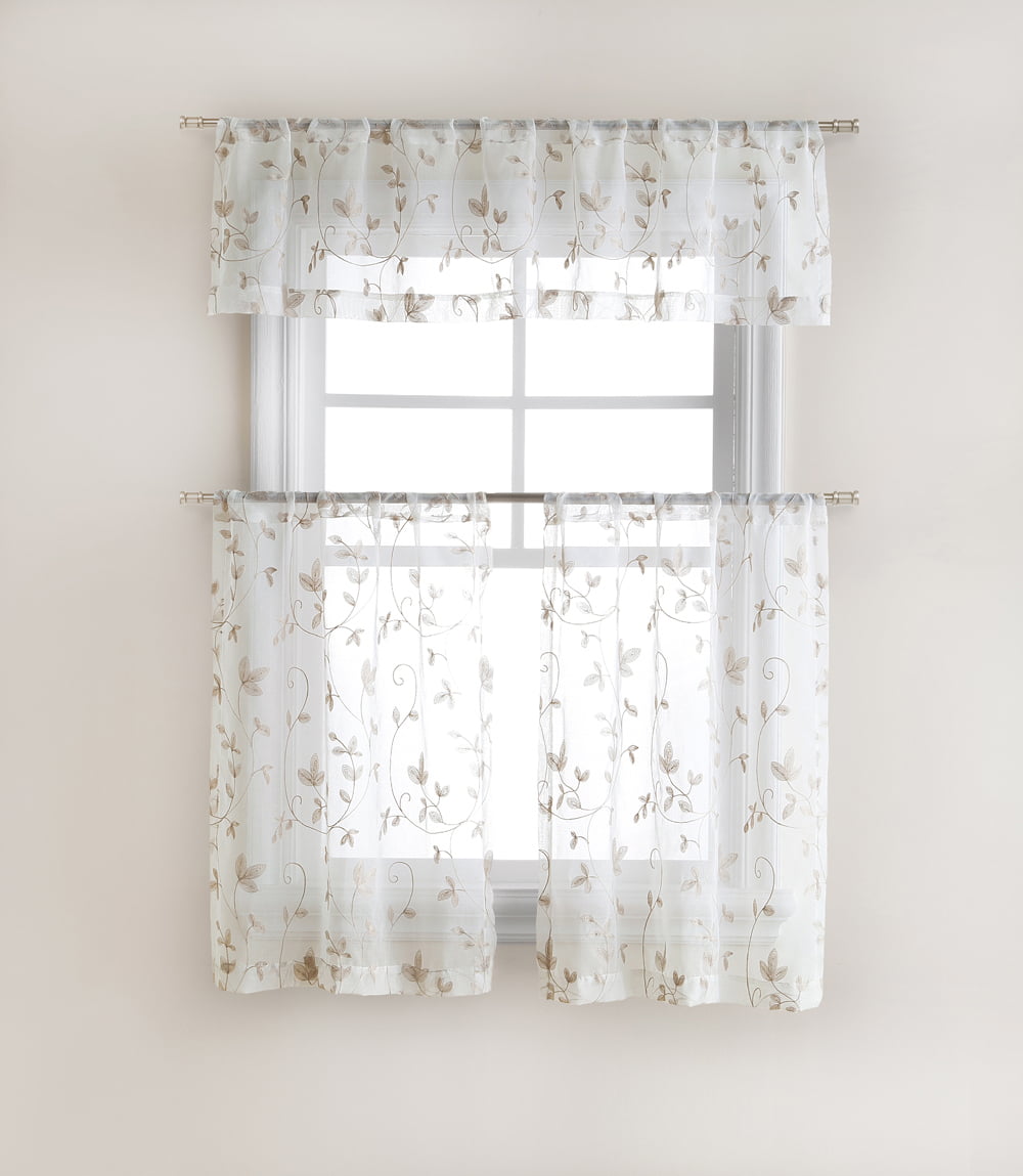 Cassandra Floral Embroidered Semi Sheer Kitchen Curtain Tier & Valance Set - Linen/Taupe