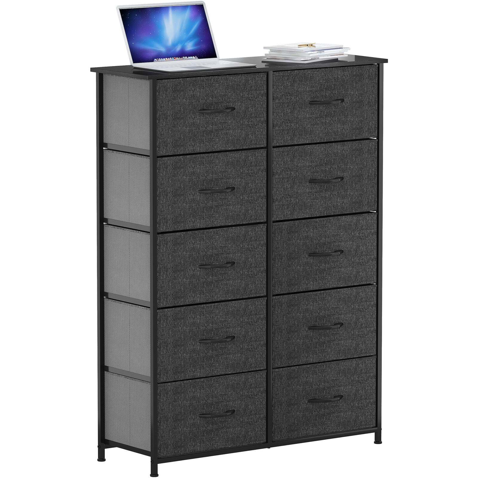 DWVO 10 Drawer Dresser Chest of Storage Dresser Tall Fabric Dresser Storage Cabinet Bin Nightstand Cabinet, Black Grey