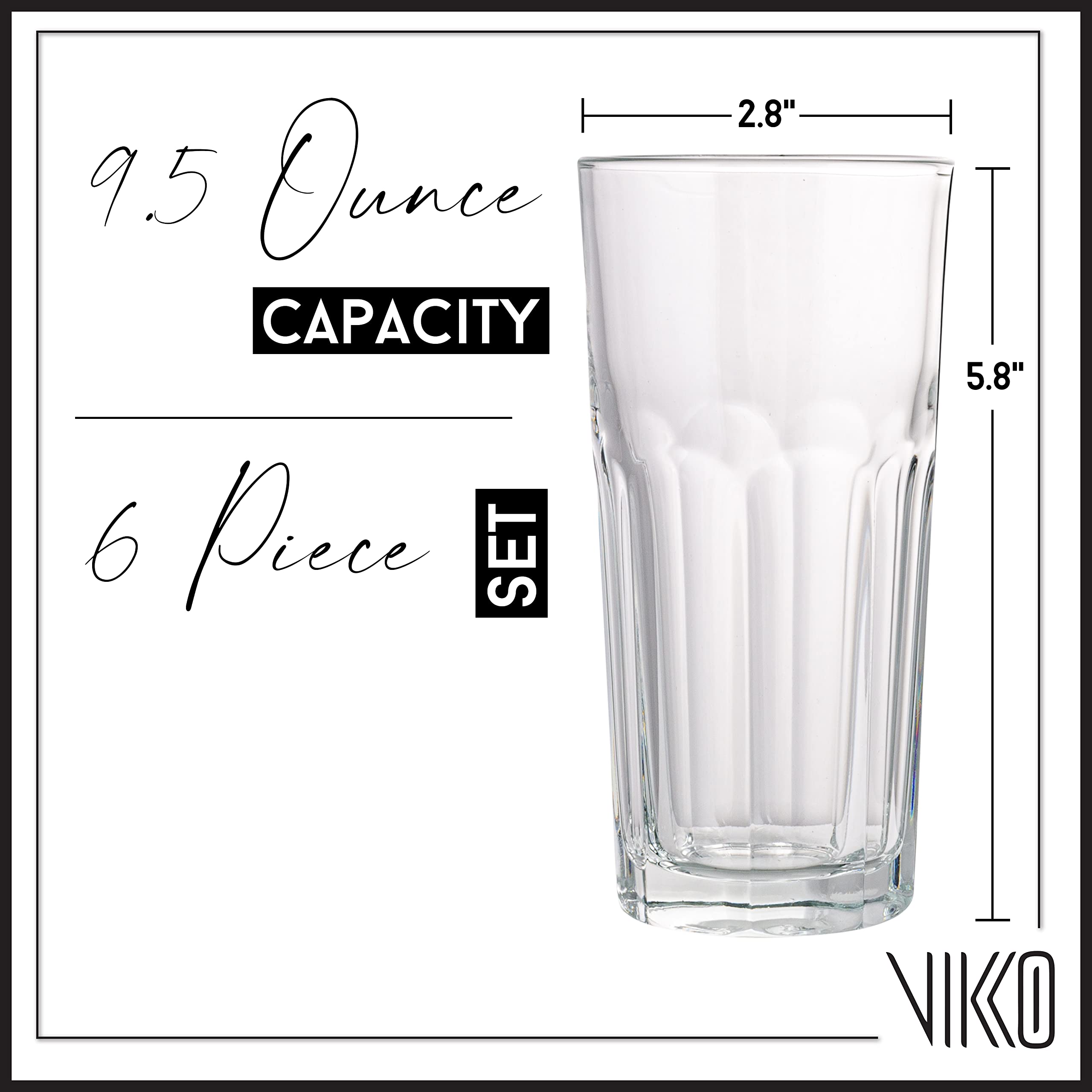 Vikko Drinking Glasses， Set of 6 Juice Glasses 9.5 Oz， Thick and Sturdy Kitchen Glasses， Dishwasher Safe Highball Glass Tumbler， Heavy Duty Cups， Water Glasses