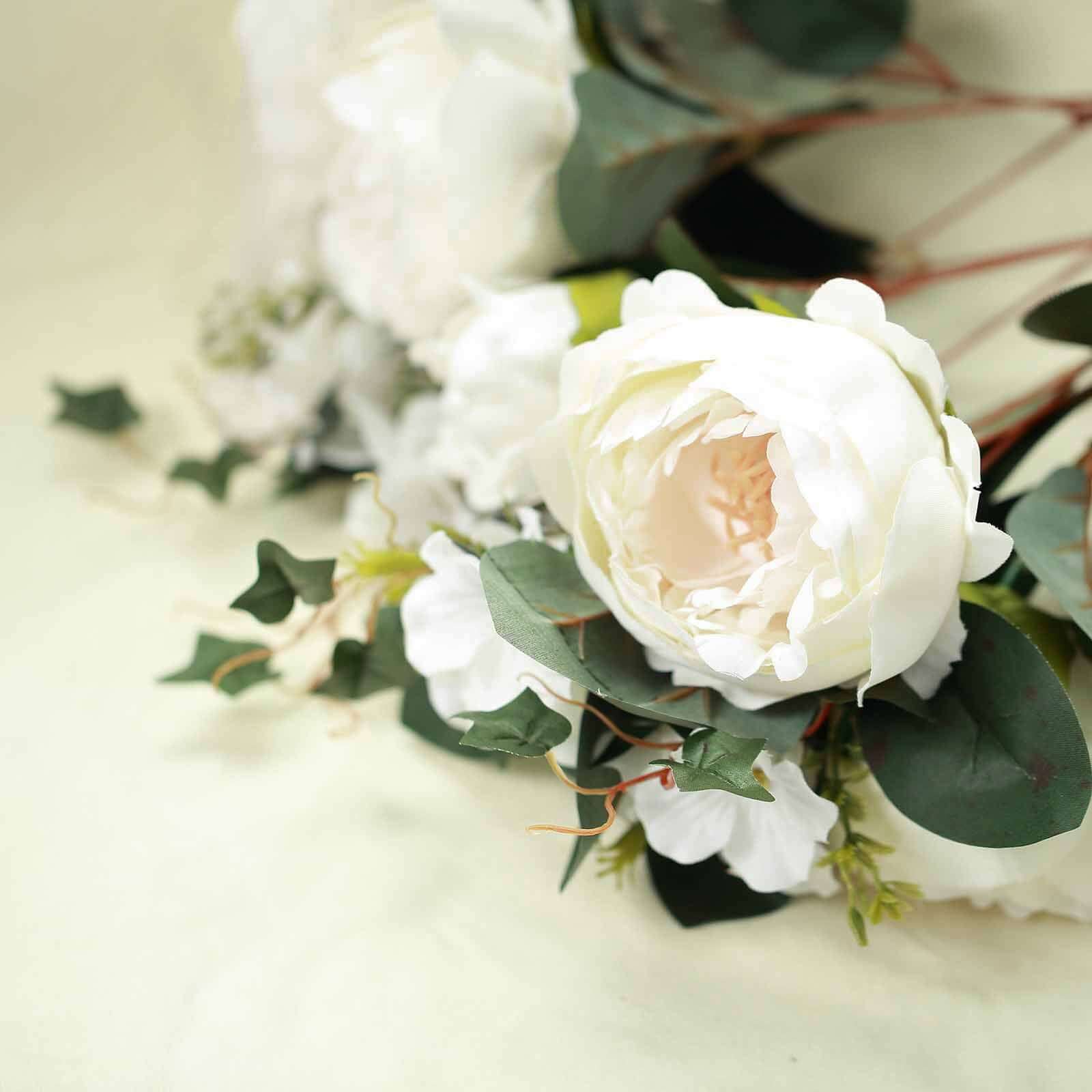 2 Bush Ivory Artificial Silk Peony, Rose and Hydrangea Flower Bouquet