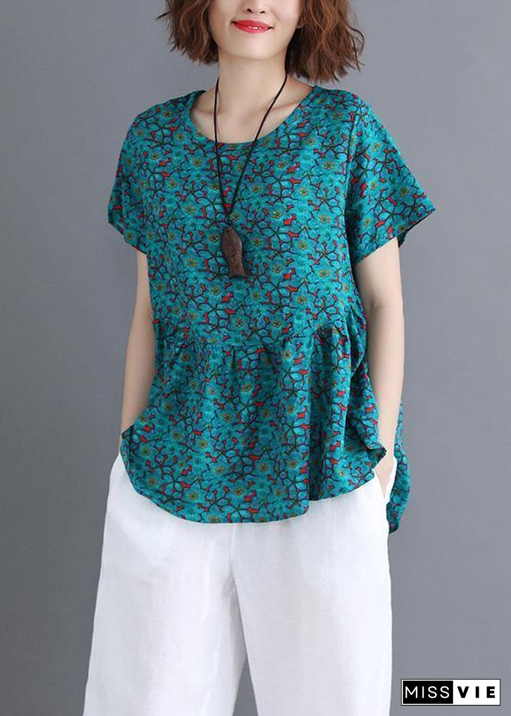 Sold Out-Bohemian o neck Cinched cotton shirts Wardrobes green print blouse summer