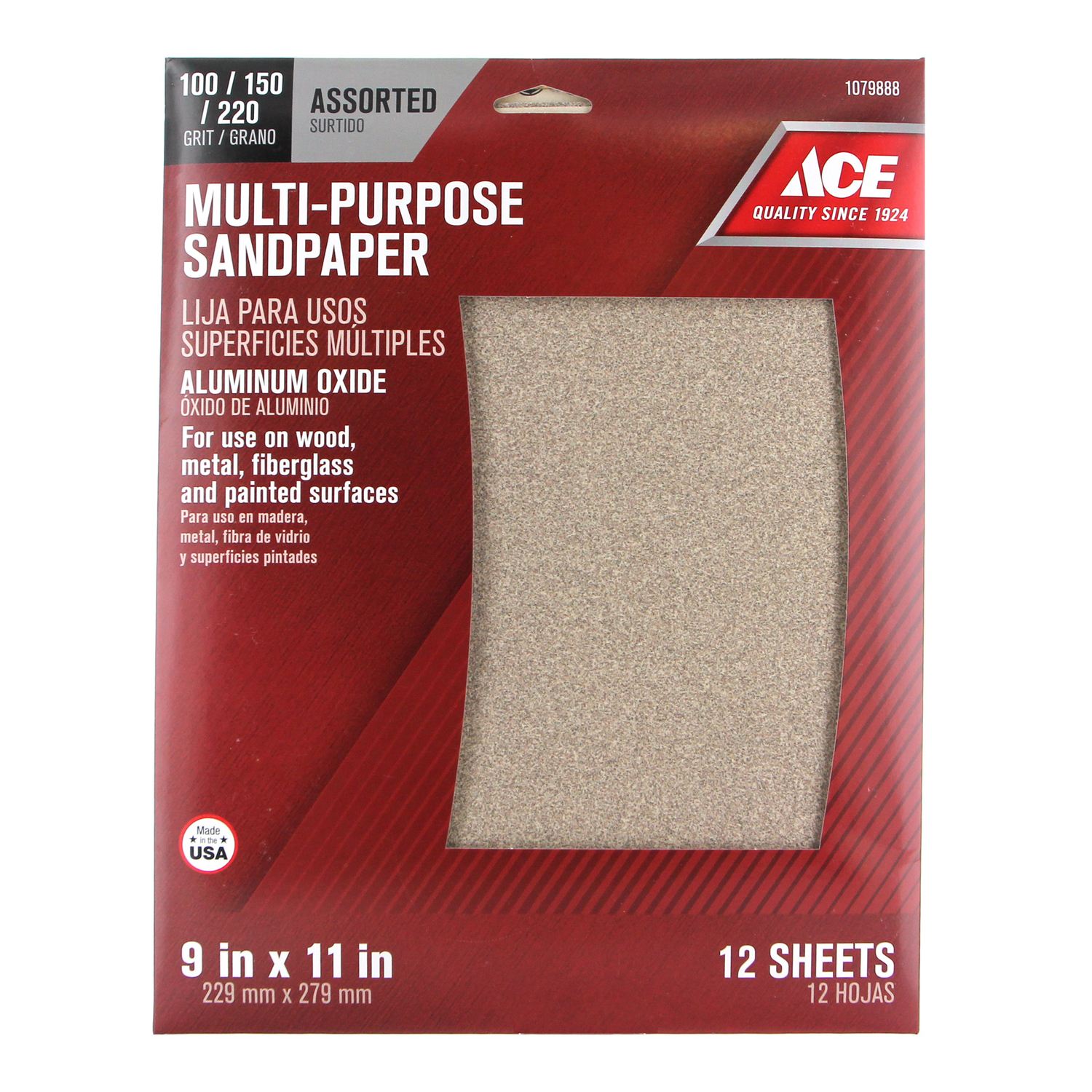 Ace 11 in. L X 9 in. W Assorted Grit Aluminum Oxide Sandpaper 12 pk