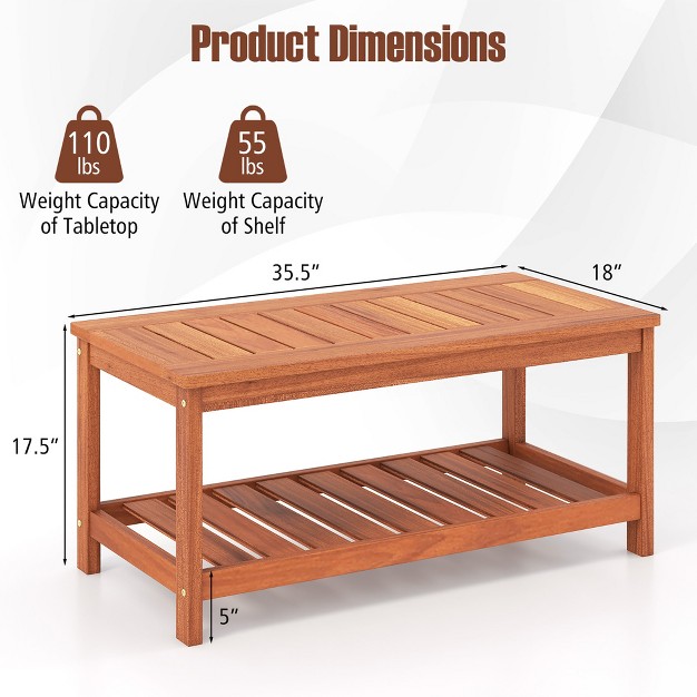 Tangkula Hardwood Outdoor Patio Coffee Table 2 tier Coffee Table W Slat Tabletop amp Storage Shelf Natural