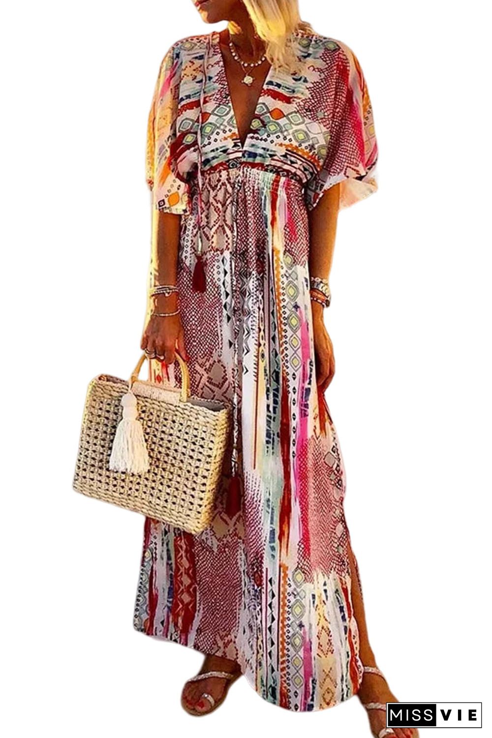 Multicolor Boho Vacation Mixed Print Deep V Maxi Dress