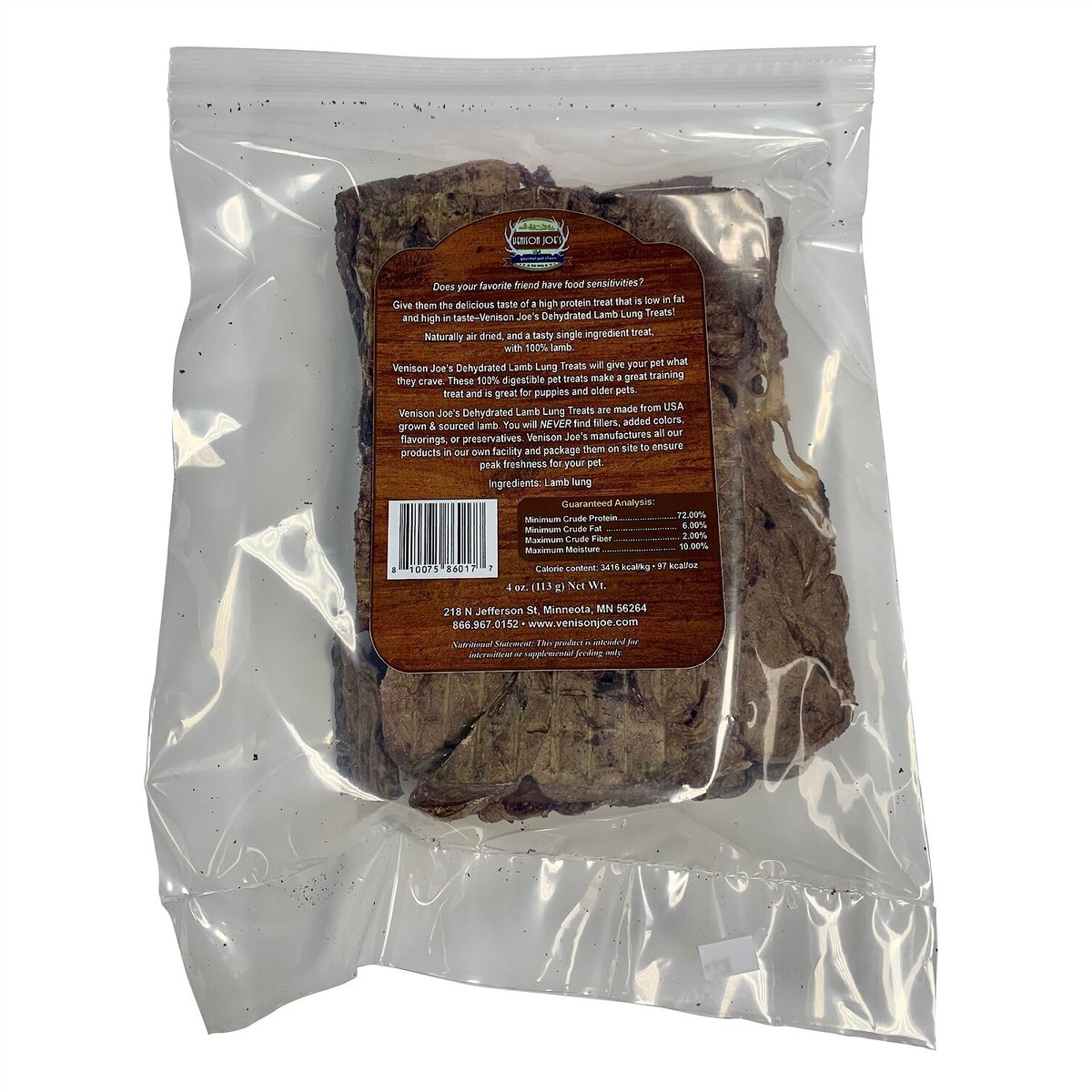 Venison Joe's Single Ingredient Lamb Lung Dehydrated Dog Treat， 10-oz bag