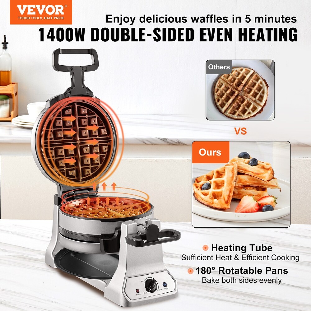 VEVOR 2 Layer Waffle Maker 2 Pieces 1400W Round Waffle Iron Non Stick with 122 572�H Temp Stainless Steel Body 120V