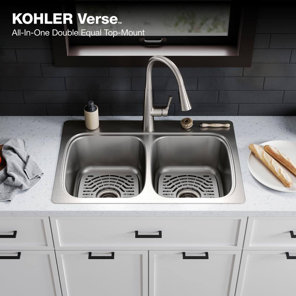 KOHLER Verse Stainless Steel 33 in. Double Bowl Drop-In Kitchen Sink with Faucet K-RH5267-1PC-NA