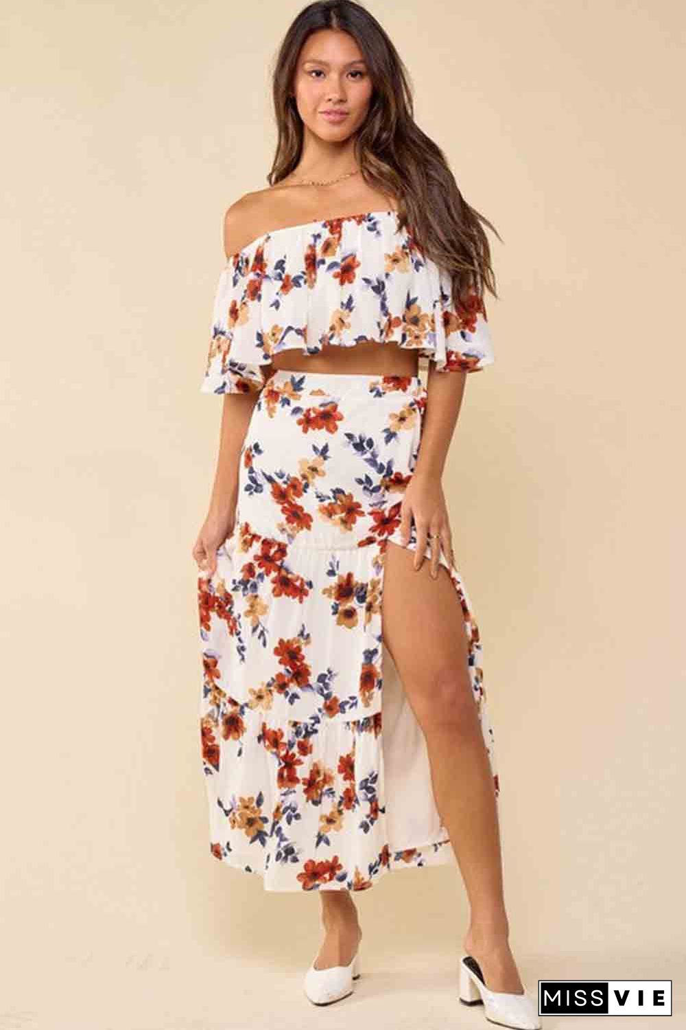 White Floral Print Off-shoulder Crop Top and Maxi Skirt Set