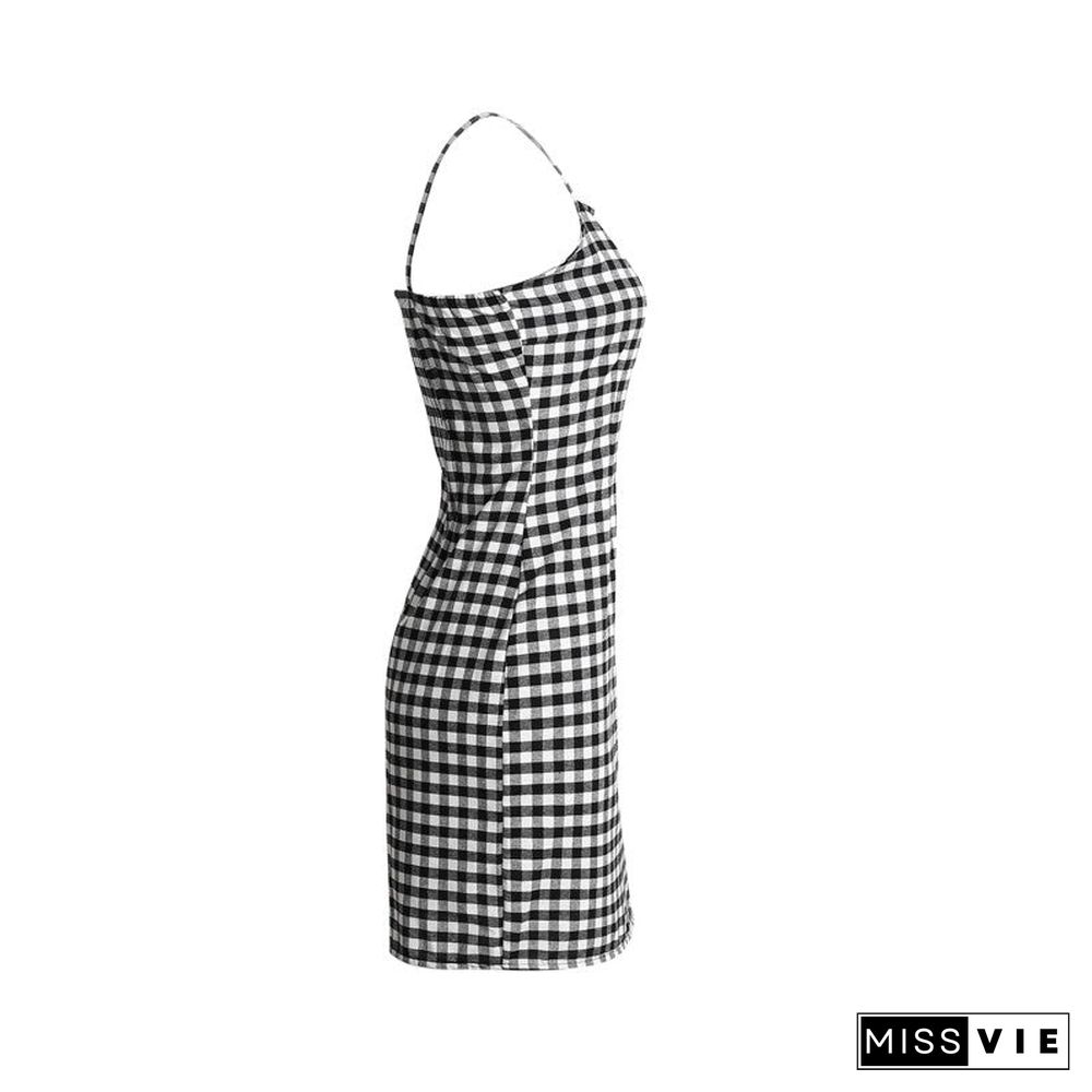 Retro Plaid Straight Neck Gingham Bodycon Dress