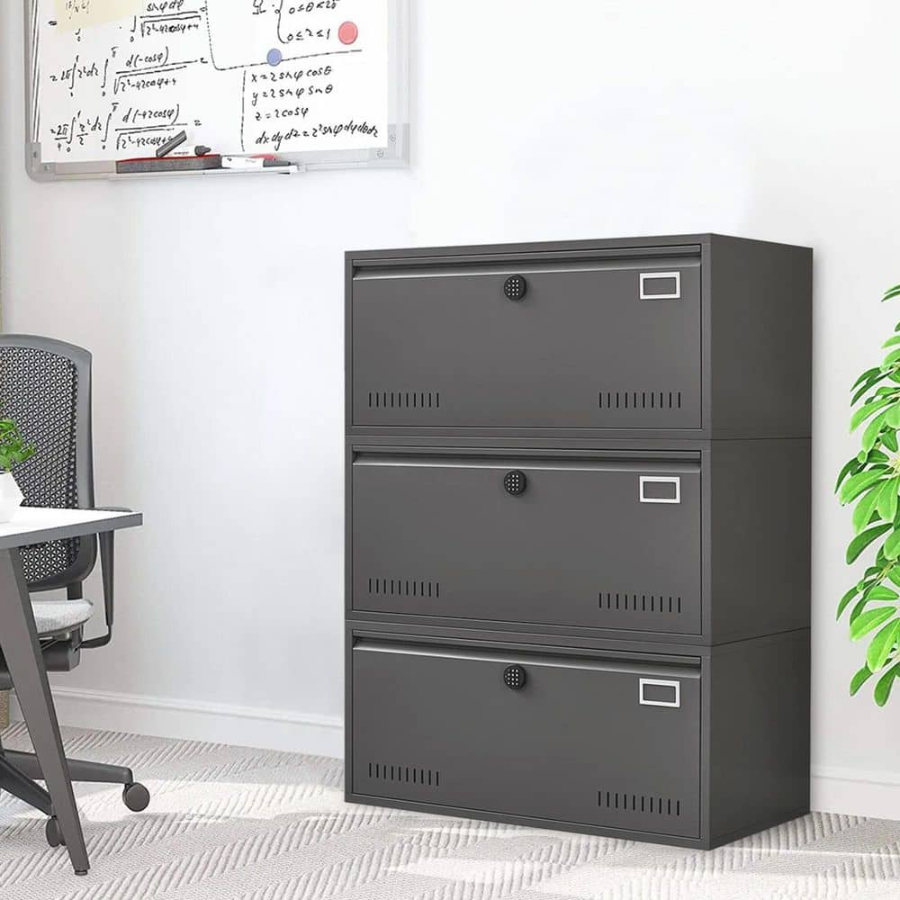 Modern Electronic Digital Lateral Dark Gray File Cabinet with Hanging Rod for letter XD39652945