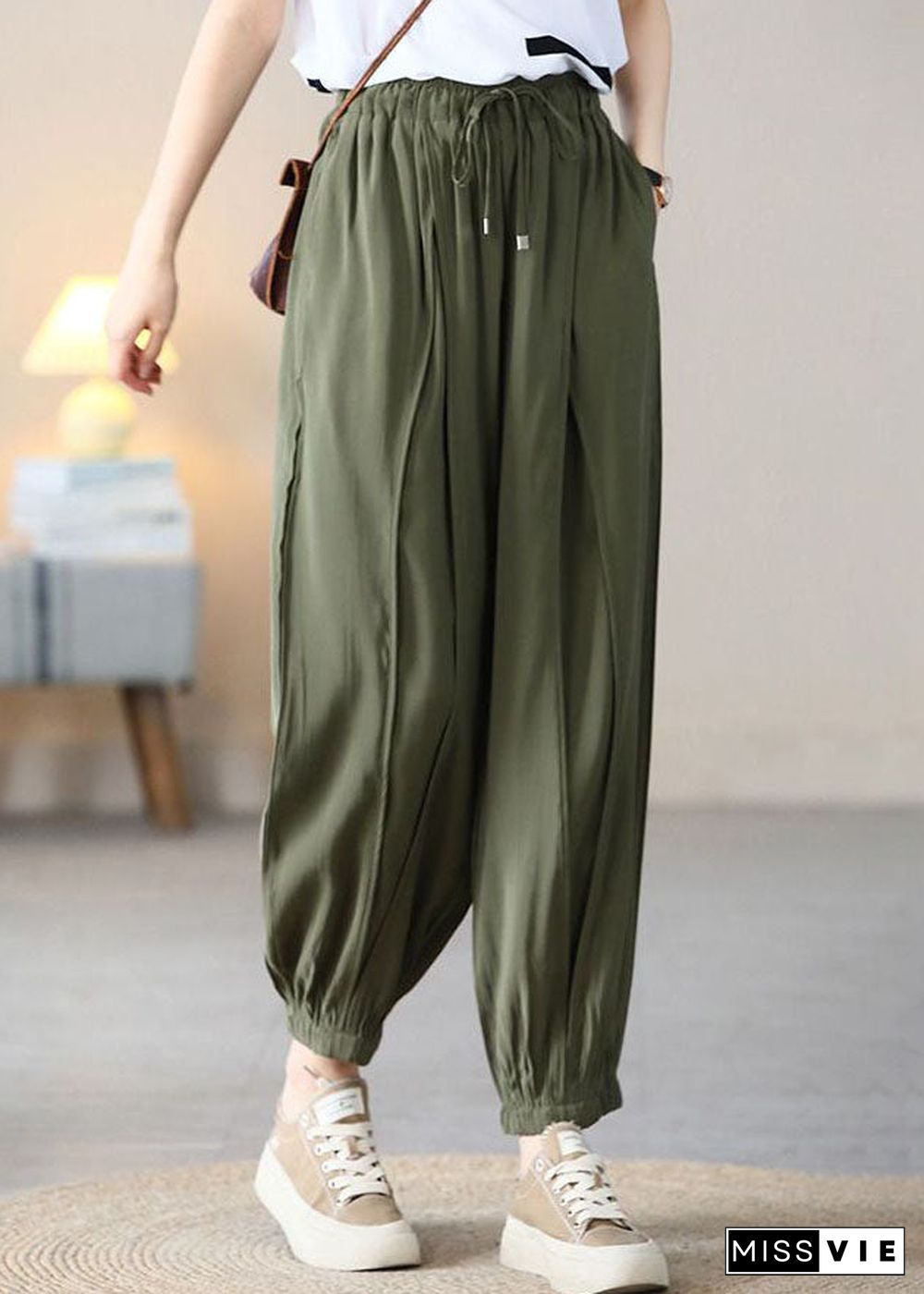 Army Green Solid Silk Crop Pants Elastic Waist Wrinkled Fall