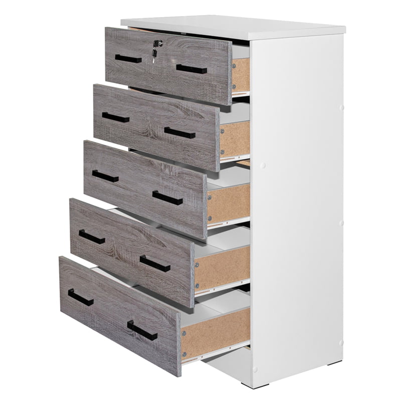 Better Home WC5-Wht-Gry Cindy 5 Drawer Chest Wooden Dresser with Lock, White & Gray