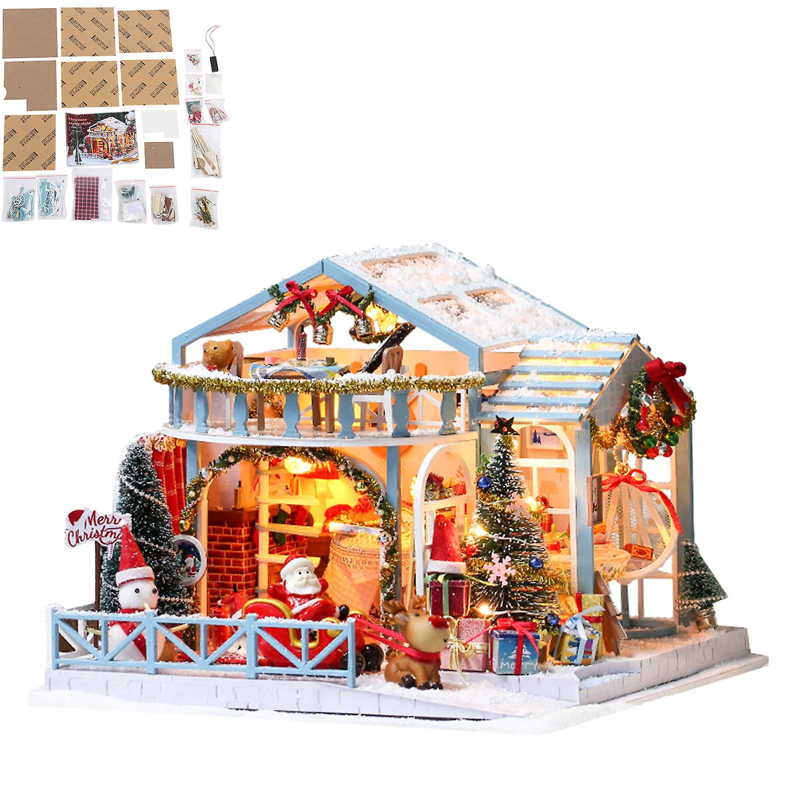 Christmas Wooden Dollhouse Miniature Assembled House With Furniture Model Toy Gift