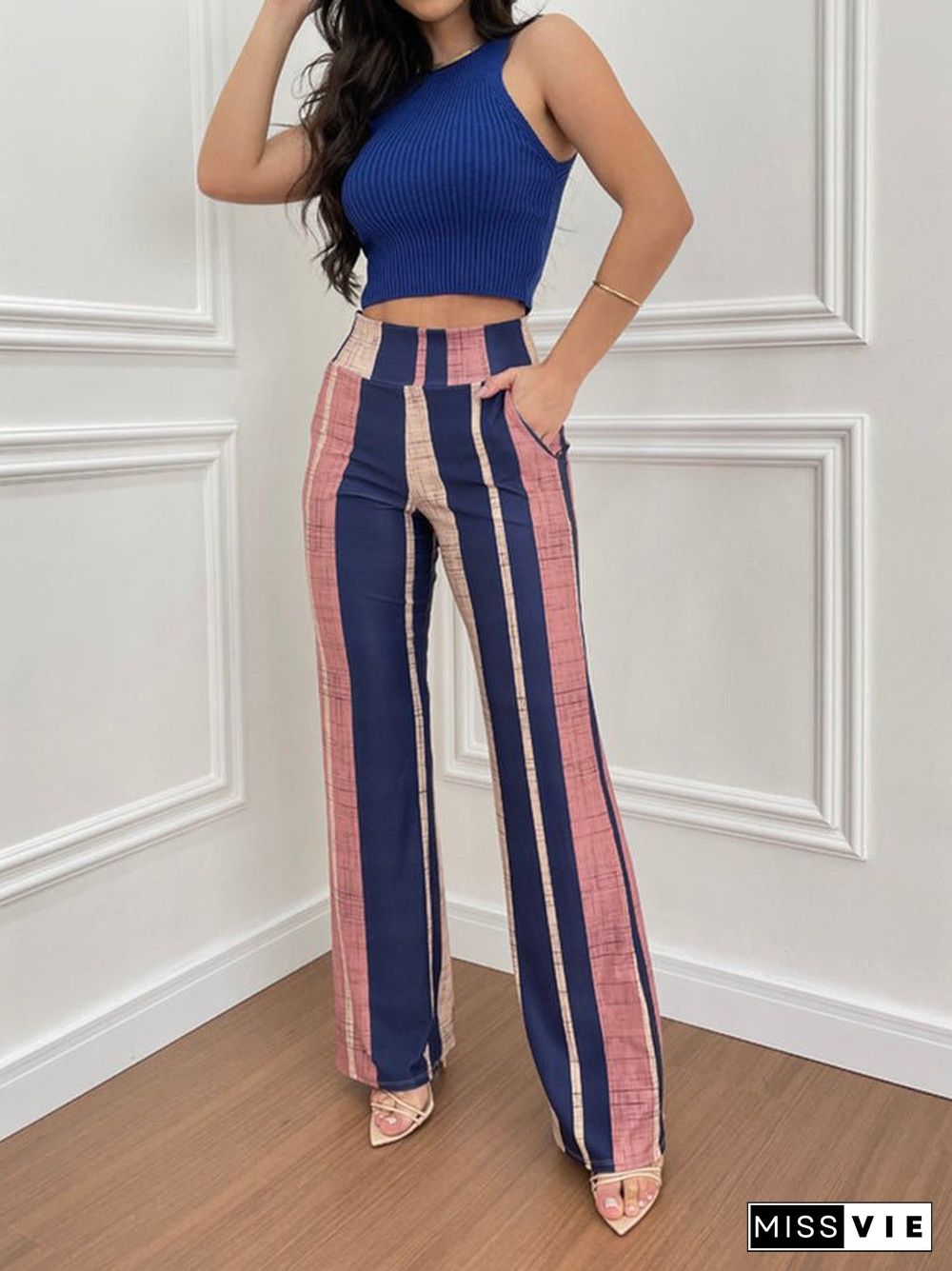 Women'S Sets Sleeveless Vest Striped High Waist Pants Two-Piece Set