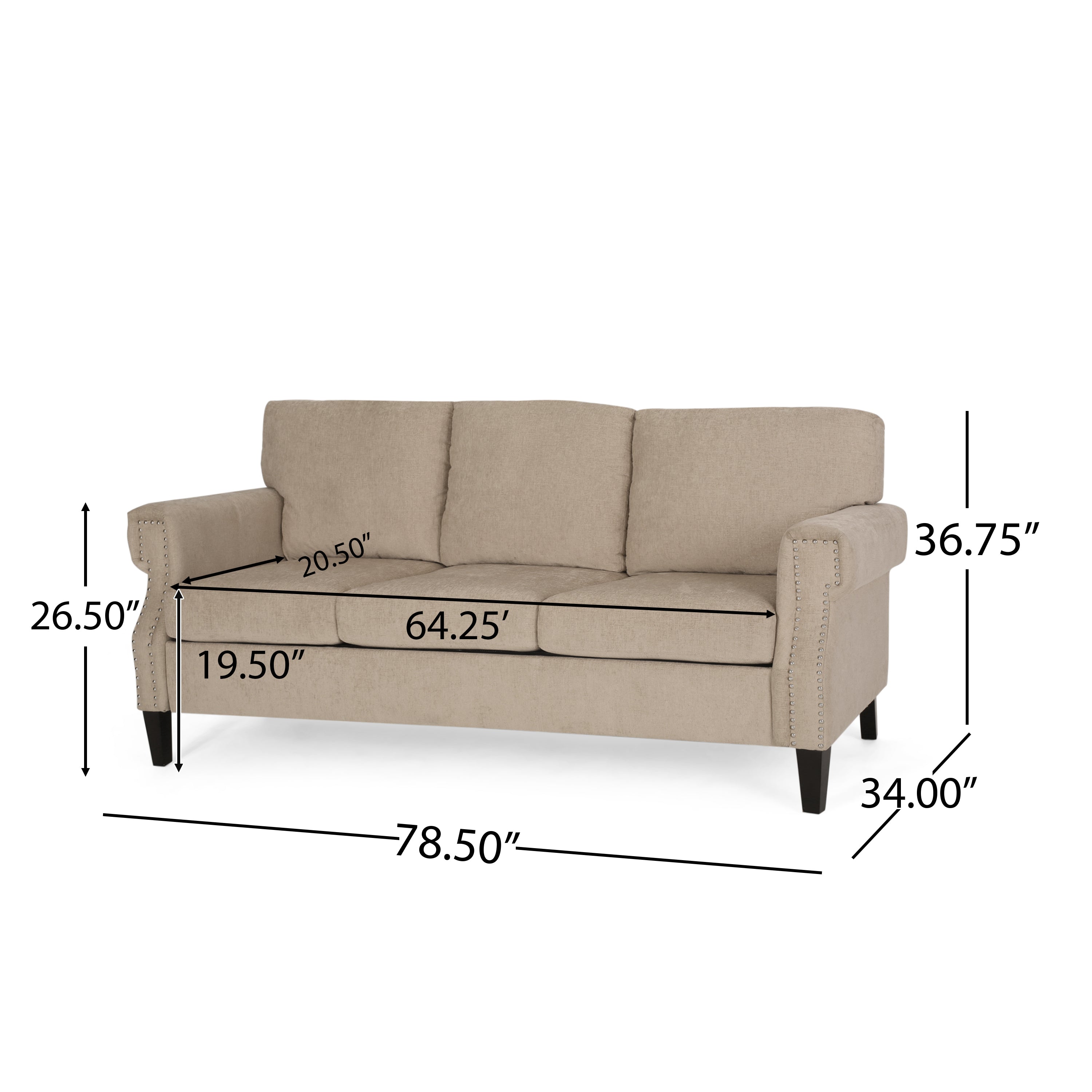 Dobles Contemporary Fabric 3 Seater Sofa with Nailhead Trim