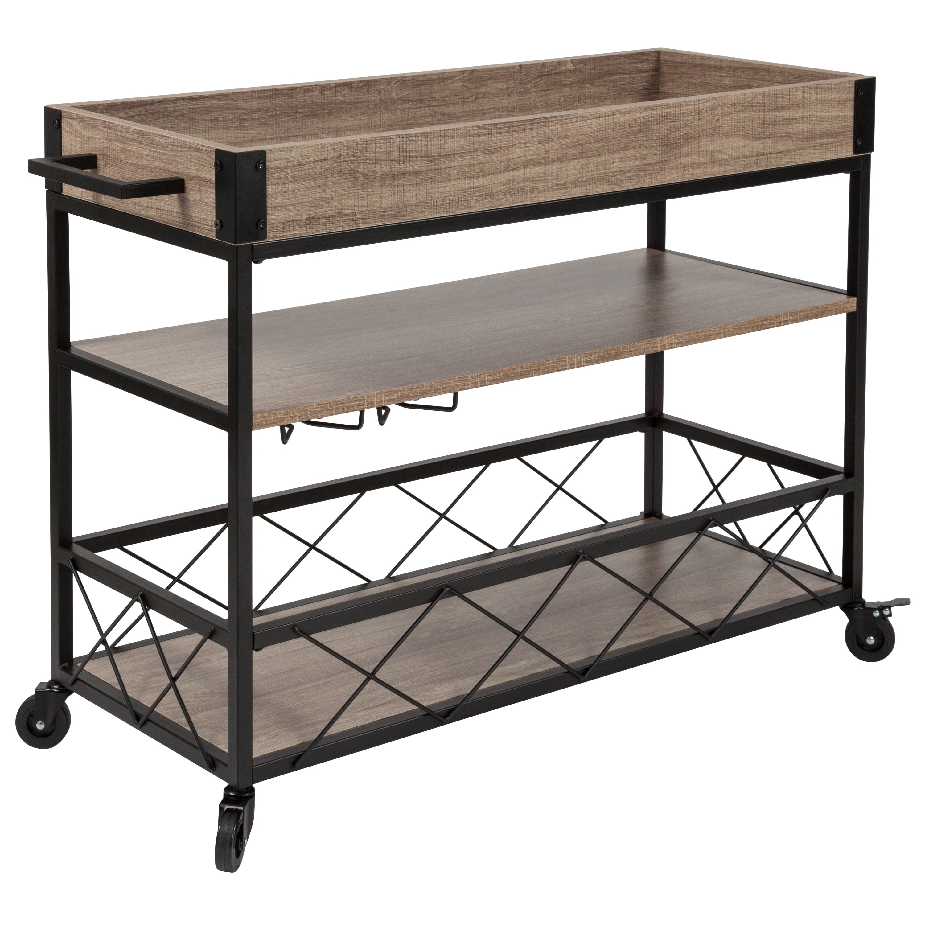 Emma + Oliver Light Oak Wood Kitchen Bar Cart， Stemware Rack and Locking Casters