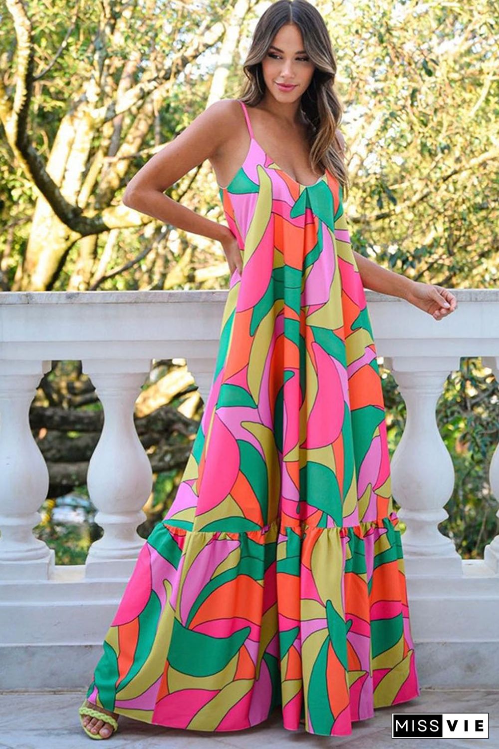 Multicolor Boho Geometric Print Sleeveless Maxi Dress