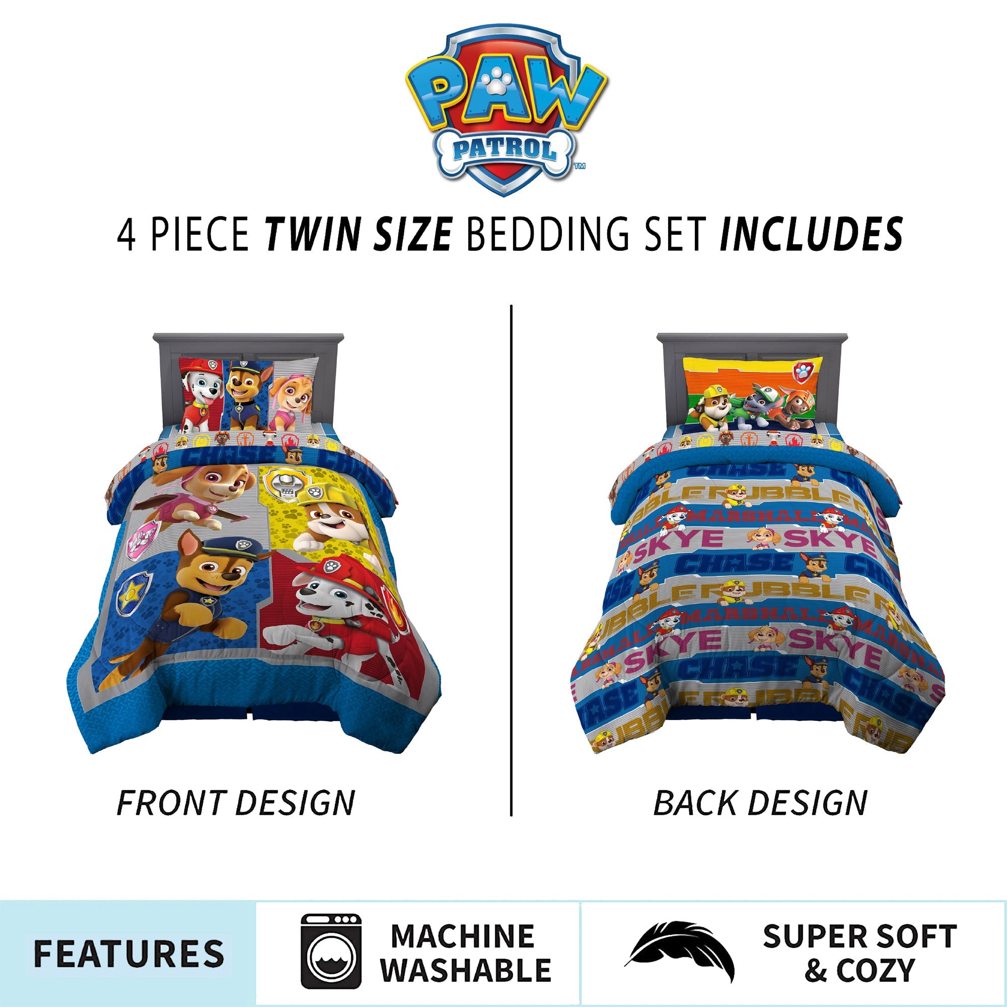 PAW Patrol Kids Twin Bed in a Bag, Comforter and Sheets, Blue and Gray, Nickelodeon