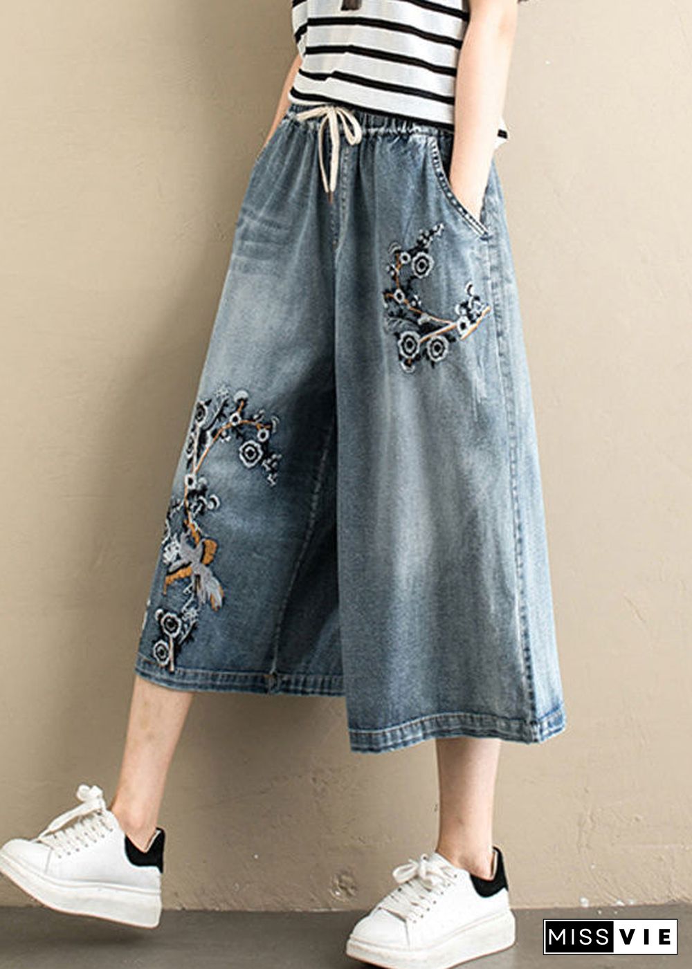 Women Denim Blue Embroideried Tie Waist Wide Leg Pants Summer